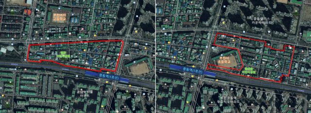 국토교통부 도심 공공주택 복합지구 지정된 부천시 중동역 동측과 서측 구역. 이미지 제공 = 부천시