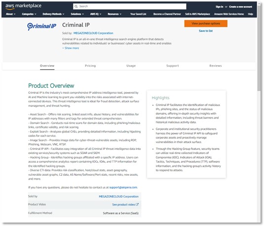 AWS 마켓플레이스에 등록된 사이버 위협 인텔리전스 솔루션 ‘크리미널 IP’ (제공=에이아이스페라)