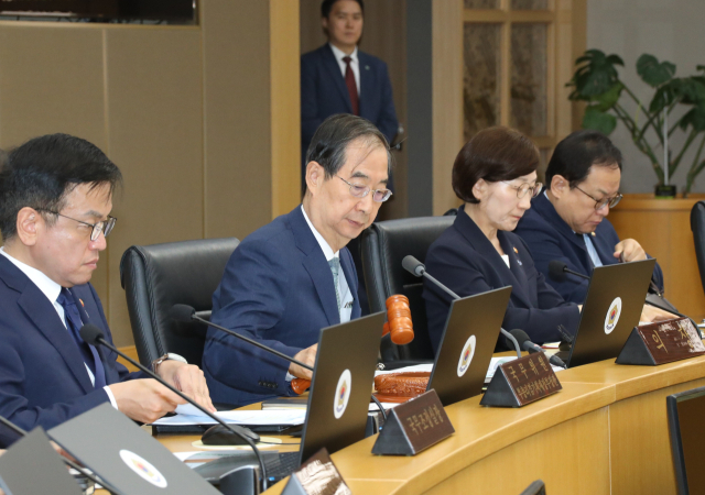 한덕수 국무총리가 28일 정부세종청사에서 열린 국무회의에서 의사봉을 두드리며 개회를 알리고 있다. 연합뉴스