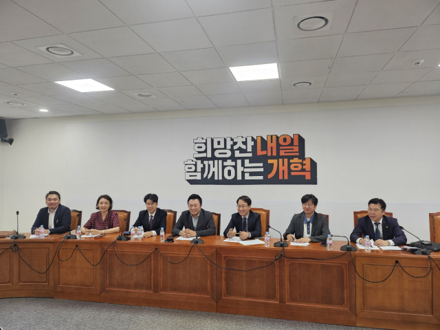 김철근(왼쪽에서 네번째) 위원장, 이원욱(〃다섯번째) 의원을 포함한 개혁신당 조직강화특별위원회가 28일 국회에서 회의를 진행하고 있다.