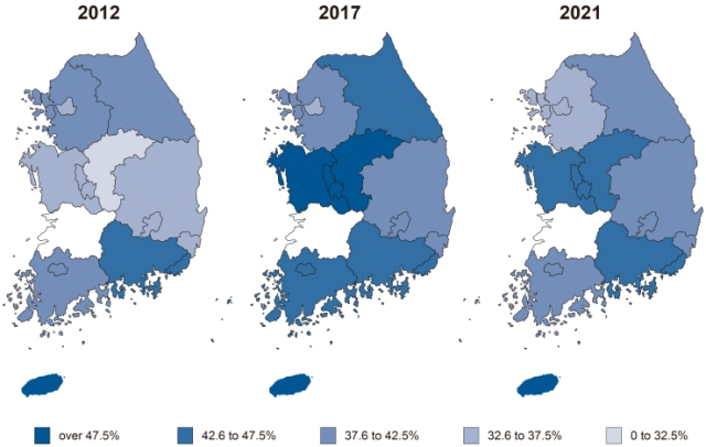 지역별 4.5시간 이내 병원 도착한 뇌졸중 환자 비율. 사진 제공=서울대병원