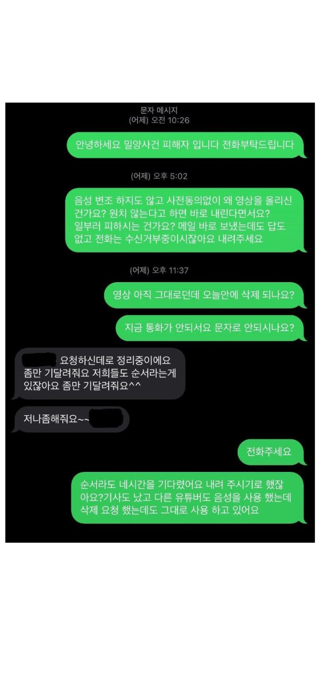 유튜버 판슥 측과 피해자 측이 나눈 것으로 추정되는 문자 메시지. 사진제공=온라인 커뮤니티