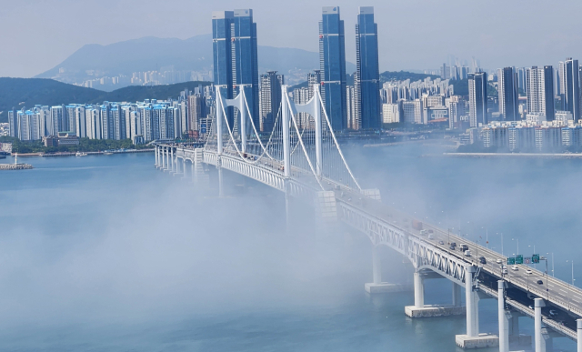 28일 오전 부산 수영구 광안대교 일대에 해무가 끼면서 광안대교를 감싸고 있다. 연합뉴스