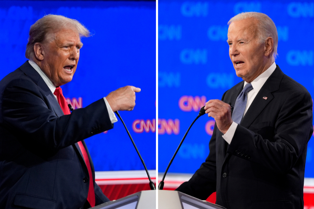 미국 조지아주 애틀랜타 CNN 스튜디오에서 열린 미 대선 후보 첫 TV 토론에 참석한 조 바이든 대통령(오른쪽)과 도널드 트럼프 전 대통령이 격돌하고 있다. 연합뉴스