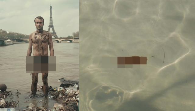 에마뉴엘 마크롱 대통령의 모습을 더러운 센 강과 합성한 파리올림픽 반대 시위 게시물. SNS캡처