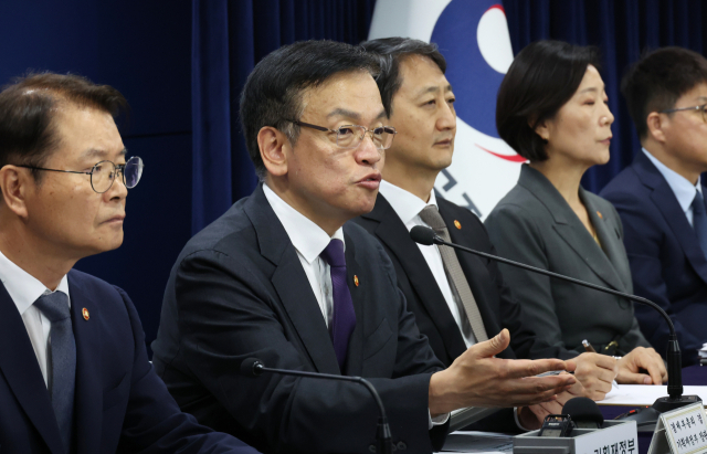 최상목(왼쪽 두 번째) 부총리 겸 기획재정부 장관이 3일 서울 종로구 정부서울청사에서 관계 부처 장차관들과 2024년 하반기 경제정책방향 및 역동경제 로드맵을 발표하고 있다. 연합뉴스