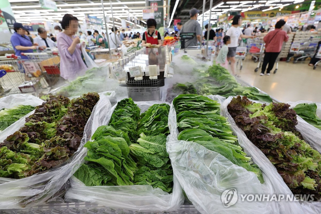 서울 서초구의 한 마트 판매대에 상추 등이 놓여있다. 연합뉴스