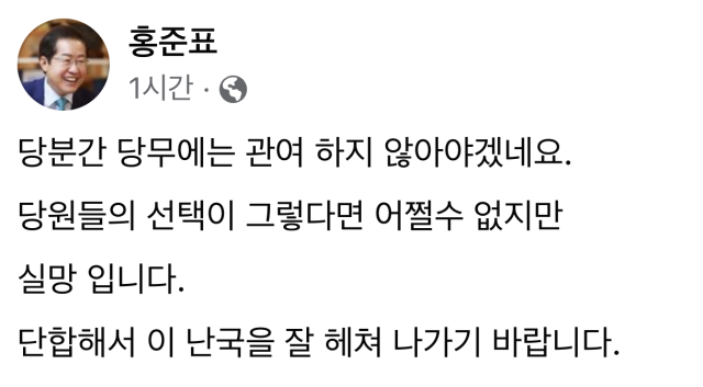 한동훈 與대표 선출에 홍준표 “실망…중앙정치 관여 않을 것”