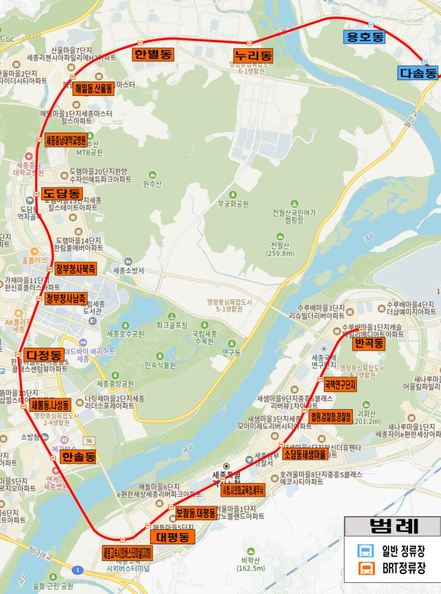 세종-청주 광역버스 B7 세종방면 노선도. 사진제공=세종시