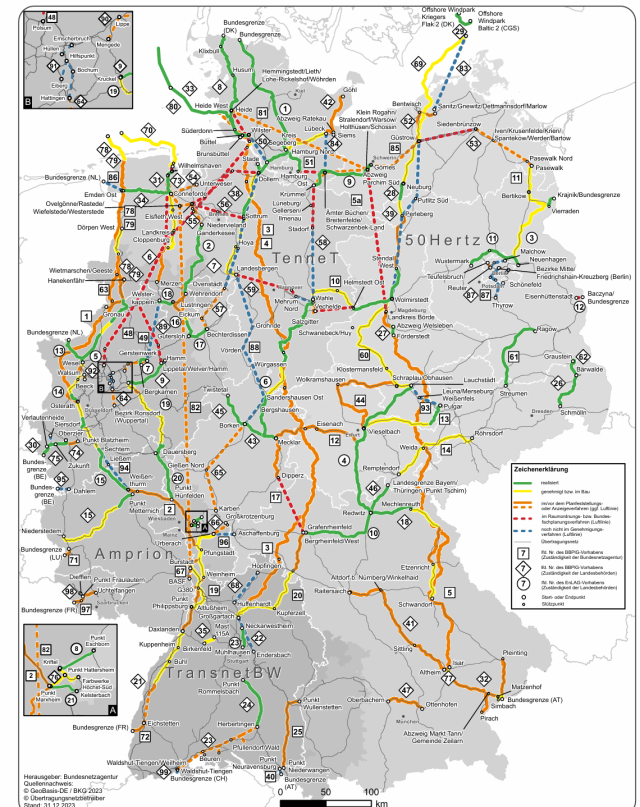 독일에서 승인 전후, 건설 중, 건설 완료 등 상태가 표시된 전력망 지도. 사진 제공=독일 연방네트워크청