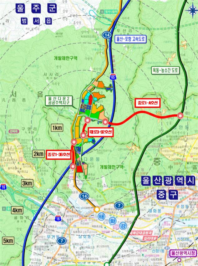 울산 다운2지구외 연결도로 위치도. 울산시