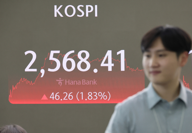 코스피가 지난 5일 폭락장을 딛고 7일 이틀 연속 올랐지만, 상승률은 전날(3.30%)보다 낮은 1.8%대를 기록했다. 코스피 지수는 전장 대비 46.26포인트(1.83%) 오른 2568.41에, 코스닥은 15.67포인트(2.14%) 오른 748.54에 마감했다. 사진은 이날 중구 하나은행 본점 딜링룸. 연합뉴스