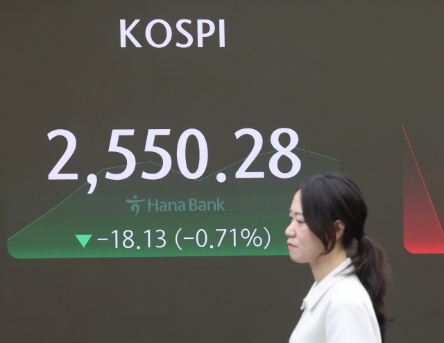 코스피가 1% 넘게 내리며 하락 출발한 8일 오전 서울 중구 하나은행 본점 딜링룸에서 직원이 업무를 보고 있다. 연합뉴스