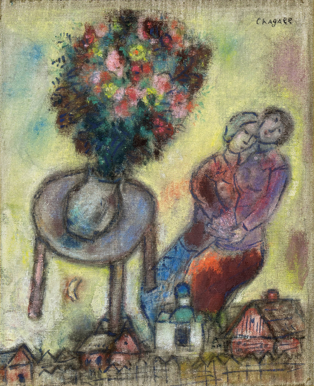 마르크 샤갈 Marc Chagall 1887 - 1985 Russian/FrenchLes Amoureux (Lovers)gouache and oil on canvas, 27.9×22.8cm | circa 1935. 3억8000만~10억 원. 사진제공=케이옥션