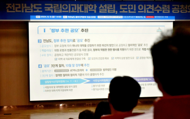 지난 9일 오후 전남 순천시 전남동부청사에서 전남 국립의대 신설을 위한 공청회가 열리고 있다. 연합뉴스