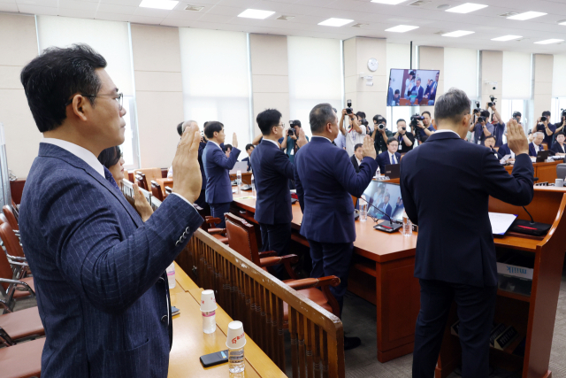 20일 오전 국회에서 열린 행정안전위원회의 '세관 연루 마약 밀반입 사건 수사 외압 의혹 청문회'에서 백해룡 강서경찰서 화곡지구대장(경정, 맨 왼쪽) 등 증인들이 선서하고 있다. 연합뉴스