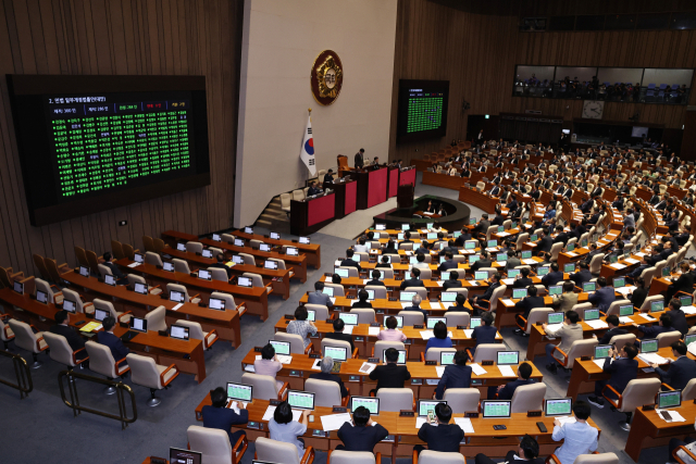 28일 오후 서울 여의도 국회에서 열린 제417회국회(임시회) 제2차 본회의에서 양육 의무를 저버린 부모는 상속권을 갖지 못하도록 한 '구하라법'(민법 개정안)이 재적 300인, 재석 286인 중 찬성 284인, 반대 0인, 기권 2인으로 통과되고 있다. 2024.8.28/뉴스1