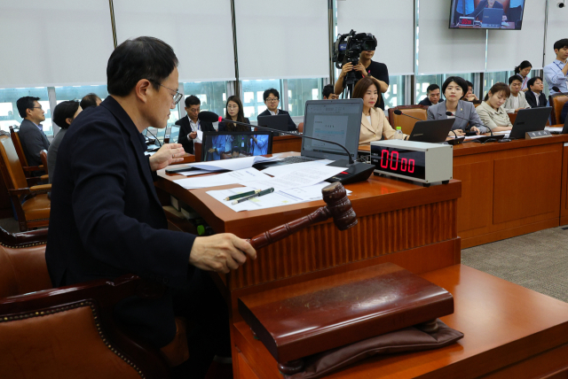 28일 서울 여의도 국회에서 열린 국회 보건복지위원회 전체회의에서 더불어민주당 소속 박주민 위원장이 의사봉을 두드리고 있다. 연합뉴스