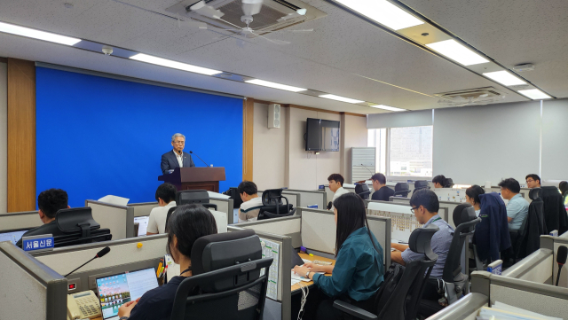 김동철 한국전력 사장이 28일 오후 산업부 기자실에 기자간담회를 하고 있다. 사진 제공=한국전력