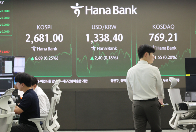 코스피가 장중 등락 끝에 강보합세로 마감한 2일 서울 중구 하나은행 본점 딜링룸 현황판에 지수가 표시돼 있다. 연합뉴스