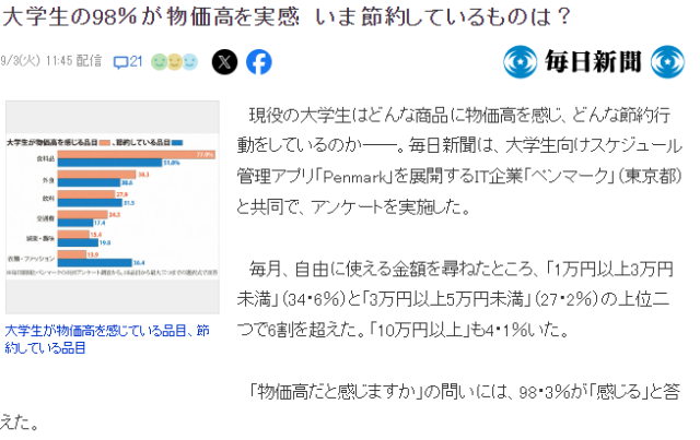 일본 대학생의 물가고를 보도한 내용. 마이니치 캡처