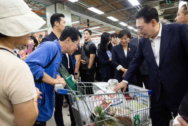 대형마트 찾아 카트 끌며 장본 尹…'물가 안정되게 노력'