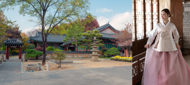 메이필드호텔 서울의 봉래헌(사진 왼쪽)과 한복을 입은 고객의 모습. 사진 제공=메이필드호텔