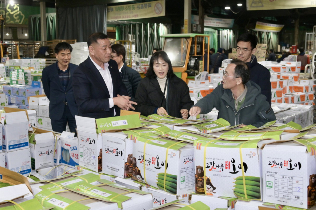 최원철 공주시장이 지난 3월 22일 서울 가락동 농수산도매시장에서 오이를 홍보하고 있다. 사진제공 공주시.