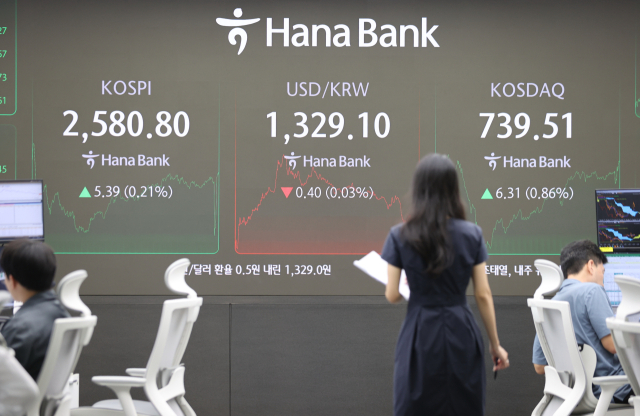 19일 오후 서울 중구 하나은행 딜링룸에서 직원들이 업무를 보고 있다. 연합뉴스