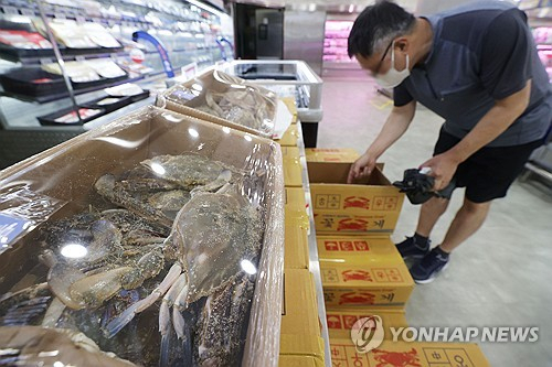 서울 중구 롯데마트 제타플렉스 서울역점에서 한 시민이 꽃게를 고르고 있다. 연합뉴스