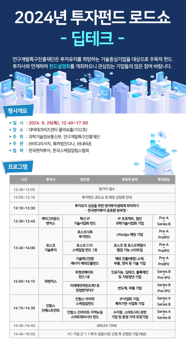 연구개발특구진흥재단은 ‘2024년 투자펀드 로드쇼 및 매칭 상담회’를 대덕테크비즈센터(TBC)에서 9월 26일 개최한다. 사진제공=연구개발특구진흥재단