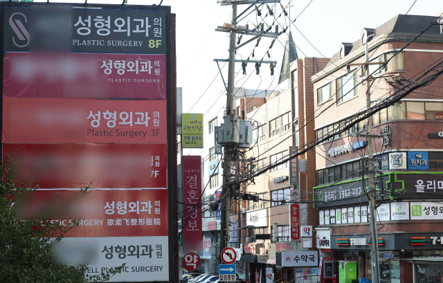 서울 시내 한 건물에 입주한 성형외과 의원 여러 곳의 간판이 나란히 설치돼 있다. 연합뉴스