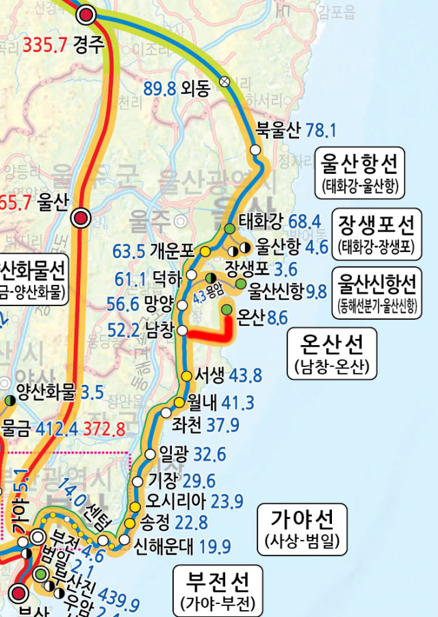 온산선 노선. 한국철도공사