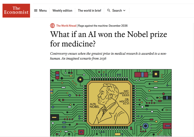 2021년 7월 영국 주간지 이코노미스트가 2036년 AI가 노벨상 후보가 될 것이라고 분석한 미래 전망 기사. 이코노미스트 온라인 기사 캡처