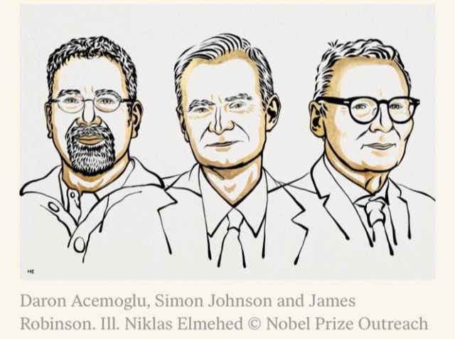 올해 노벨 경제학상의 영예는 국가 간 불평등 연구에 기여한 다론 아제모을루(57), 사이먼 존슨(61), 제임스 A. 로빈슨(64) 등 3인에게 돌아갔다./연합뉴스
