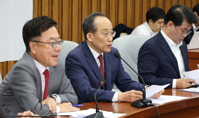 추경호 국민의힘 원내대표(가운데)가 16일 국회에서 열린 국정감사 중간점검회의에서 발언하고 있다. 연합뉴스