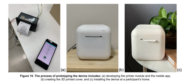 디바이스의 프로토타이핑 과정 (a)프린팅 모듈과 모바일 앱 개발, (b)3D프린팅으로 디바이스 케이싱 제작, (c)실험 참여자가 거주하는 집에 설치된 모습. 연구그림=유니스트
