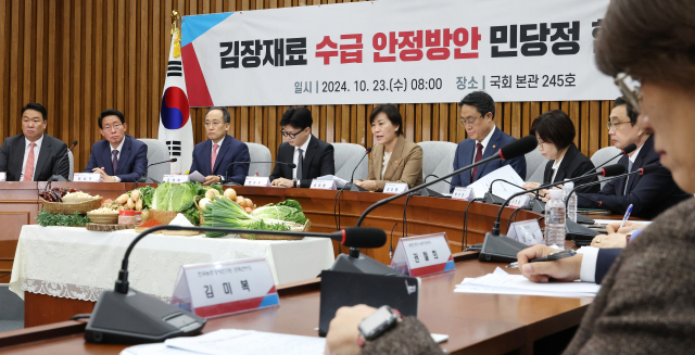 송미령 농림축산식품부 장관(왼쪽 다섯번째)이 23일 오전 국회에서 열린 김장재료 수급 안정 방안 민당정 협의회에서 발언하고 있다. 연합뉴스