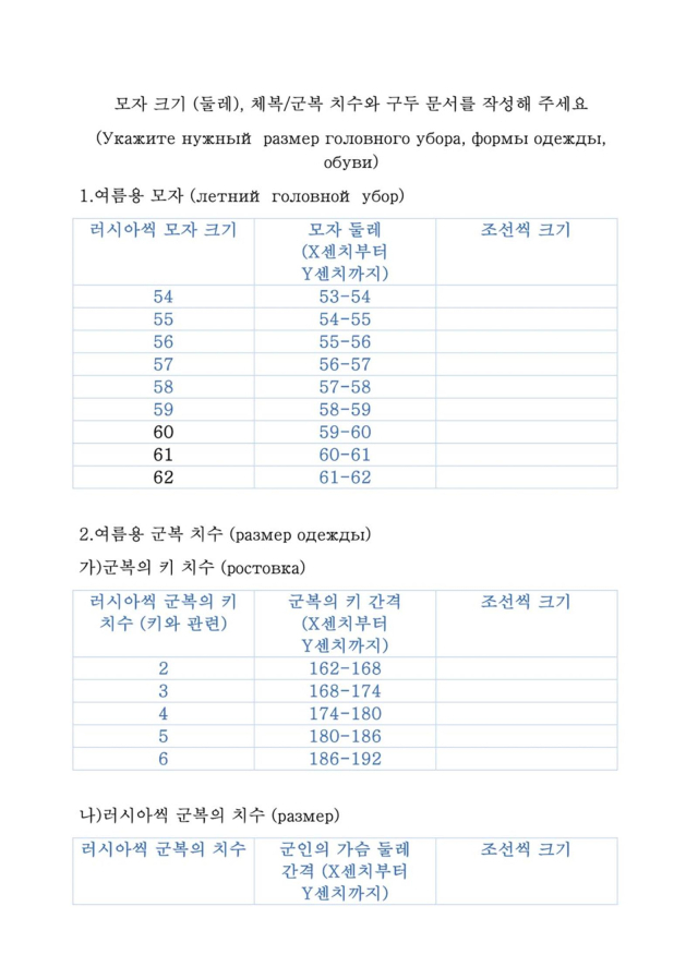 한글과 러시아어로 안내된 군복 치수 설문지. 연합뉴스