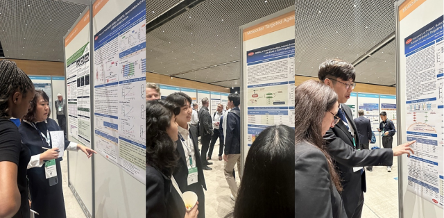 곽은주(왼쪽부터) 한미약품 R&D센터 연구원, 박원기 연구원, 유형석 연구원이 국제 암 학술대회 ‘EORTC-NCI-AACR 2024’에서 차세대 항암 신약의 연구 결과 3건이 담긴 포스터 내용을 설명하고 있다. 사진제공=한미약품