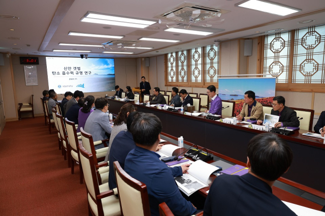 지난 11일 신안군청 영상회의실에서 ‘신안 갯벌 탄소 흡수력 규명 연구용역’ 최종 보고회가 열렸다. 사진 제공=신안군