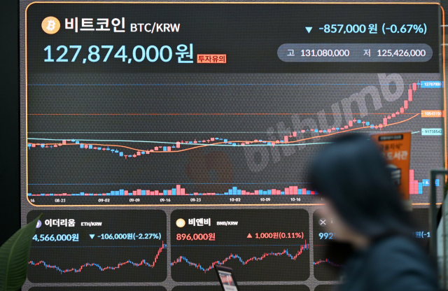 비트코인이 연일 최고가를 기록하고 있는 14일 서울 강남구 빗썸라운지 강남점에 거래 현황이 표시되고 있다. 비트코인은 13일(현지 시간) 처음으로 9만 3000달러를 돌파한 뒤 반락했다. 성형주 기자