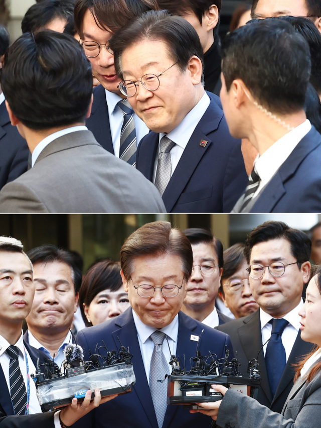 이재명 더불어민주당 대표가 15일 서울 서초구 서울중앙지법에서 열린 '공직선거법 위반' 1심 선고 공판에서 징역 1년 집행유예 2년을 선고 받았다. 사진은 이날 출석 전(위), 후 모습. 뉴스1