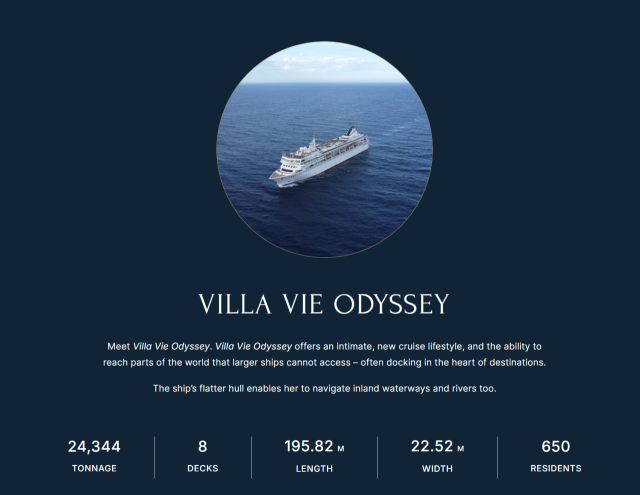 초장기 여행에 사용되는 크루즈 빌라 비 오디세이(Villa Vie Odyssey)호의 제원. 사진=빌라 비 오디세이