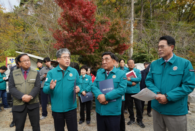 임상섭(앞줄 왼쪽 두번째) 산림청장이 19일 울산광역시 울주군 소나무재선충병 피해 극심지역을 찾아 방제전략을 점검하고 있다. 사진제공=산림청