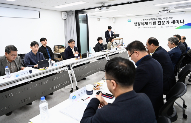 19일 서울 용산구 소재 서울비즈센터에서 경기북부특별자치도 추진을 위한 ‘행정체제 개편 전문가 세미나’에서 참석자들이 논의하고 있다. 사진 제공=경기도