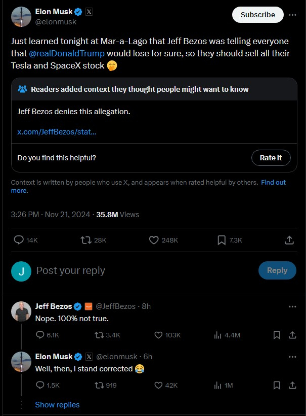 일론 머스크와 제프 베이조스가 X에 올린 글. X캡처 @elonmusk