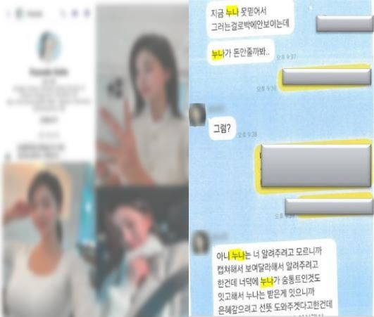 한국계 여성 사진을 SNS 프로필에 이용한 모습(왼쪽)과 연애 감정을 쌓으며 투자를 권유하는 SNS 대화방 내용. 사진 제공=부산 경찰청