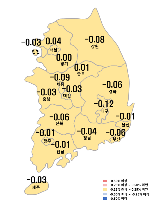 한국부동산원이 28일 발표한 11월 넷째주 전국 주간 아파트 매매가 동향. 사진제공=한국부동산원