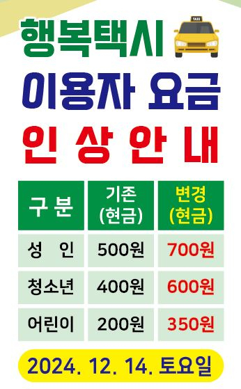 청주시는 12월 14일부터 청주지역 읍?면 지역에서 운행하고 있는 콜버스와 행복택시 요금을 인상한다. 사진제공=청주시